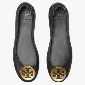 Tory Burch Black & Gold Leather Reva/Minnie Flats